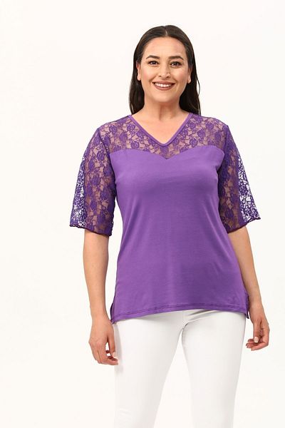 MJORA Purple Sweetheart Collar Plus Size Lace Blouse