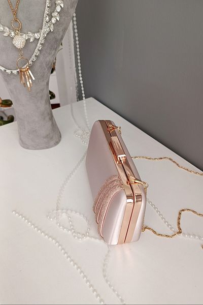 LA CALZATURE Rose Case Skin Satin Three Rows of Stones Βραδινό Φόρεμα Κουτί Μοντέλο Γυναικεία Τσάντα