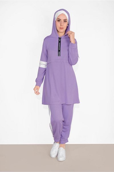 TRENDTESETTÜR Women's Purple (LILA) Stripe Detailed 2-Piece Trousers Set 9306