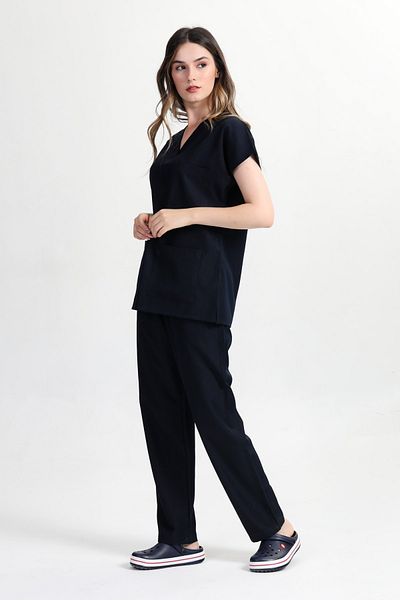 BAŞAK Black Lycra Cotton Scrubs - Yarasakol Doctor Nurse Jersey Set