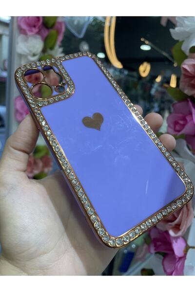 OVADA Iphone 12 Pro Uyumlu Kamera Korumalı Taş Çerçeve Detaylı Kalpli Silikon Kılıf