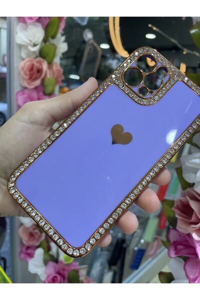 OVADA Iphone 12 Pro Uyumlu Kamera Korumalı Taş Çerçeve Detaylı Kalpli Silikon Kılıf