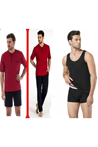 Pierre Cardin Bordo 3lu Pijama Takımı Siyah Atlet Boxer Takım ( 5370-155)