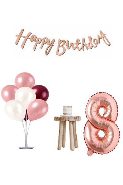 LOTUS PARTY Σετ γενεθλίων 8 ετών Rose Gold and Burgundy Minimal - Στάντ με μπαλόνι, αριθμός και Happy Text