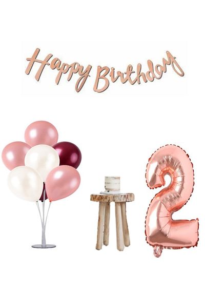 LOTUS PARTY Σετ γενεθλίων 2 ετών Rose Gold and Burgundy Minimal - Stand με μπαλόνι, αριθμός και Happy Text
