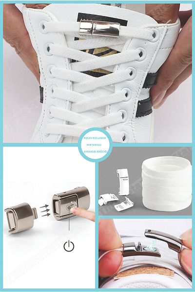 Three Star Easy-To-Use Children's Magnetic Clip-On New Model Elastic White Shoelaces