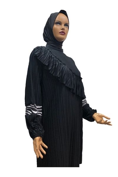 eflin Women's Clothing Black Pleated Cross Gathered Full Covered Hijab Swimsuit Large Size