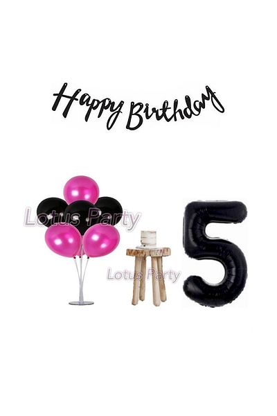 LOTUS PARTY 5 Year Old Wednesday Themed Minimal Birthday Party Set Balloon Stand Figure Foil Balloon Happy Text