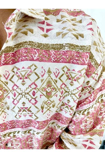 elkumoda Риза Oversize Непотеща материя Ежедневна ленена риза с шарки