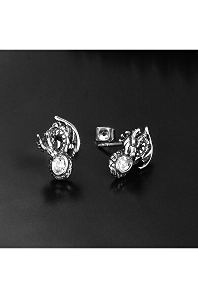 Viking Ejderha Tasarım Gotik Dragon Zirkon Taşlı Çivi Model 316L Çelik Erkek Küpe