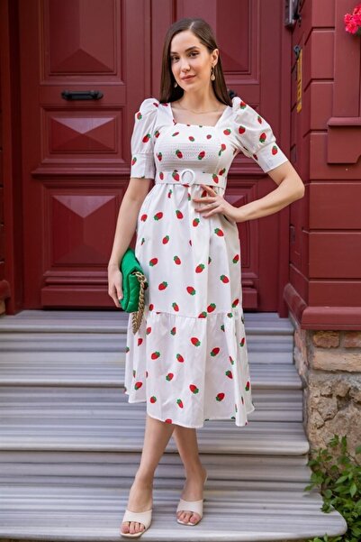 şems fashion Poplin Kumaş Kemerli Kare Yaka Gipeli Elbise Uzun Elbise Elbise