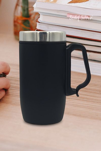 SEDEF SİLVER 240 Ml Coffee Tea Thermos Mug with Lid - Cup with Handle