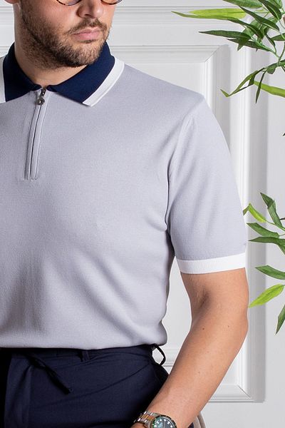 Sarar Tricou gri subțire din tricotaje cu guler polo combinat cu guler