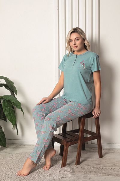 KAPİTEX Short Sleeve Embroidered Three-Button Turquoise Color Pajama Set