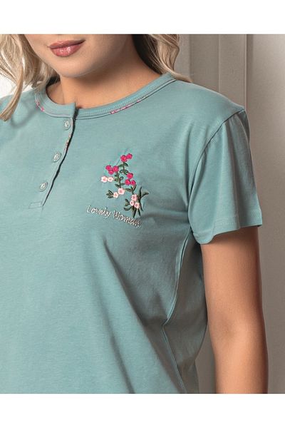 KAPİTEX Short Sleeve Embroidered Three-Button Turquoise Color Pajama Set