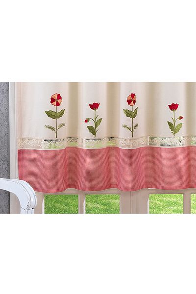 ÖDEL HOME Natural - Red Buldan Fabric Embroidered Lace Curtain