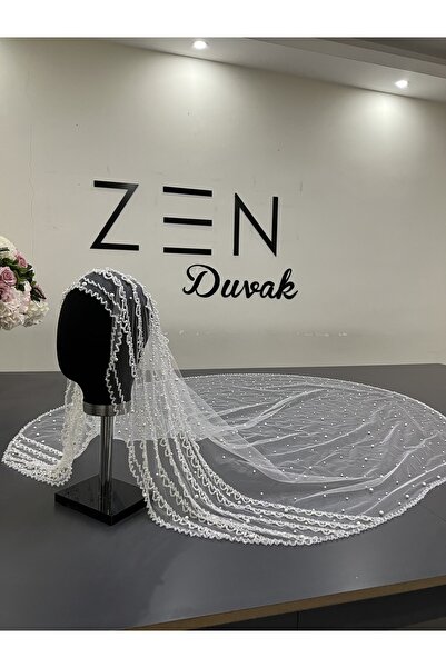 ZEN DUVAK حجاب الزفاف تول أبيض مطرز
