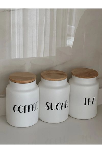 Senin Dükkanın Set of 3 Glass Tea-sugar-coffee Jars with Bamboo Vacuum Lid (800 ML)