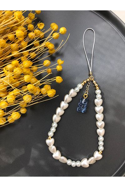 Stoneday Blue Jelly Bear Dangle Gold Detailed Heart Pearl Phone Strap Charm Rope Accessory