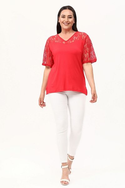 MJORA Red Sweetheart Neckline Plus Size Lace Blouse