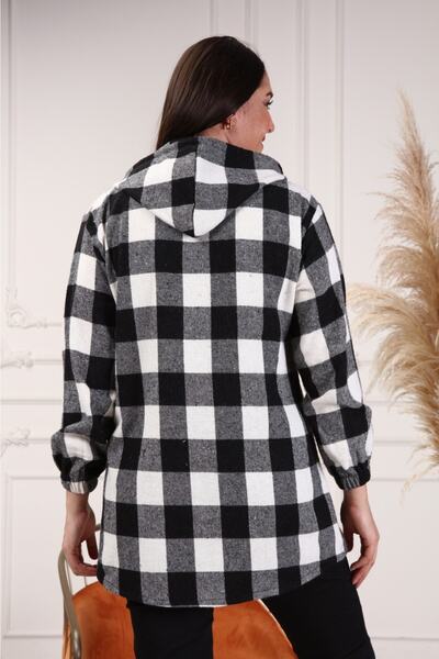 BİrHoşButik Large Size Cotton Lycra Hooded Sleeves with Elastic Buttons and Pockets Loose Cut Long Plaid Lumberjack Shirt