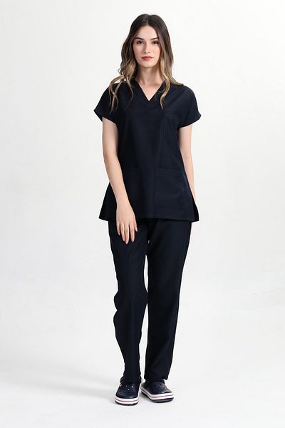 BAŞAK Black Lycra Cotton Scrubs - Yarasakol Doctor Nurse Jersey Set
