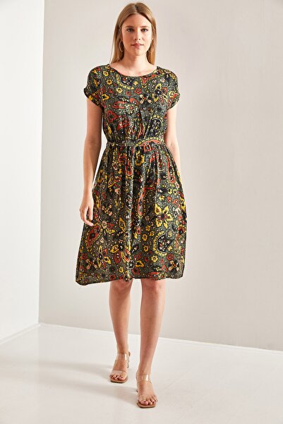 Bianco Lucci Damska sukienka midi z krótkim rękawem i etnicznym wzorem, z elastyczną talią