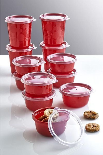 Pazarika Red Set of 12 Round Food Storage Container with Leak Proof Airtight Lid 4x500 Ml 8x250 Ml