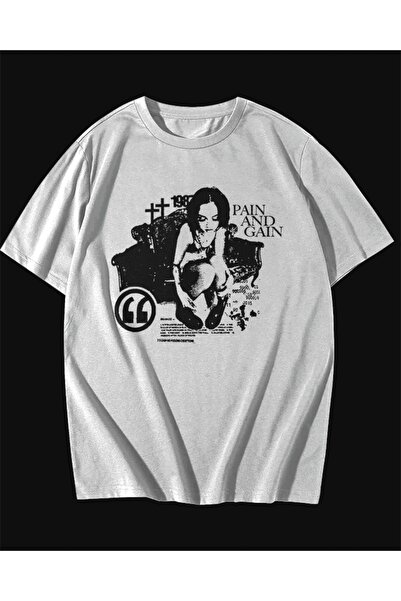 rebelberi Pain And Gain Napisano u Y2K stilu, velika unisex bela majica