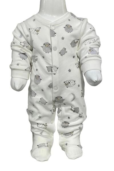 Aziz Bebe Cute Lambs Patterned Jumpsuit with Snap Feet (with booties) Size 0-3-6 Months