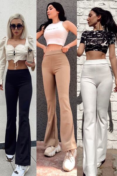 KaSheHa Siyah-bej-beyaz Beli Lastikli 3'lü Paket Kadın Pantolon