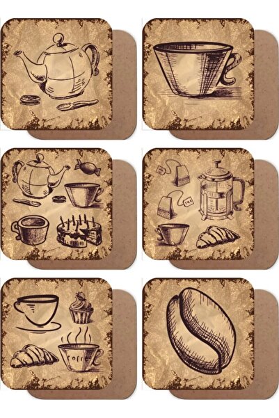 Öz Kupa Set of 6 Wooden Coasters with Coffee Drawings in Aged Retro Vintage S...
