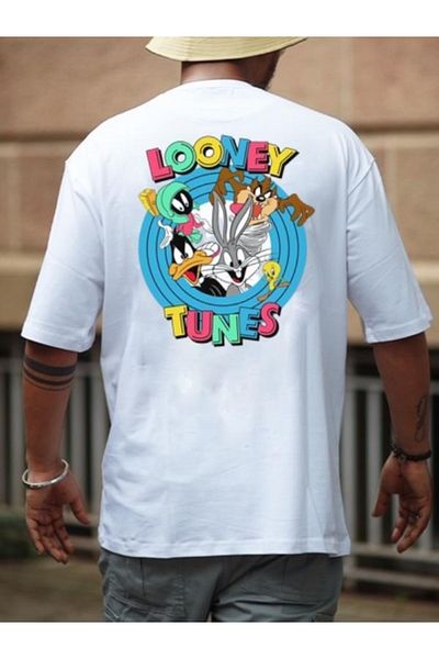DEEPSENCE Unisex Oversize Λευκό T-shirt Looney Back Printed