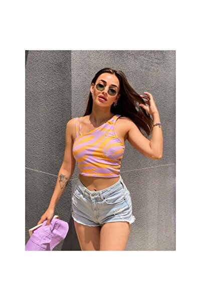 NEWLAKER Bluză crop cu tăietură asimetrică cu o singură mânecă