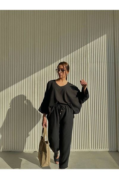 LB Laluna Butik Women's Suit, Relaxed Cut Blouse and Trousers with Elastic Waist Pockets