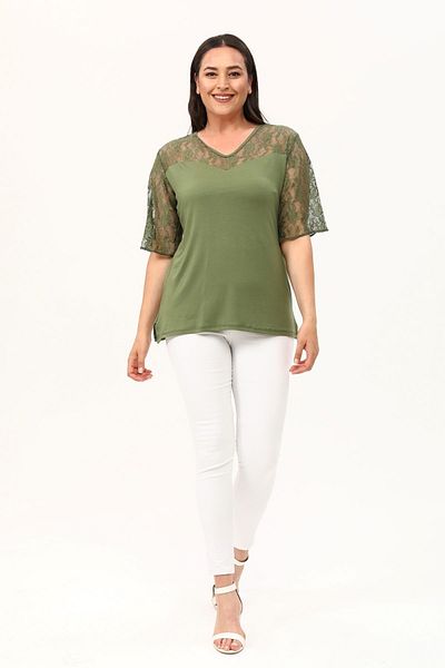 MJORA Green Sweetheart Neck Plus Size Lace Blouse