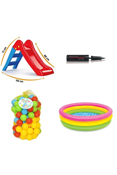 YILDIRIM OYUNCAK Dolu 3001 Ilk Kaydırağım-intex 3 Boğumlu Renkli Havuz- El Pompası- 6 Cm 100'lü Oyun Havuz Top Seti