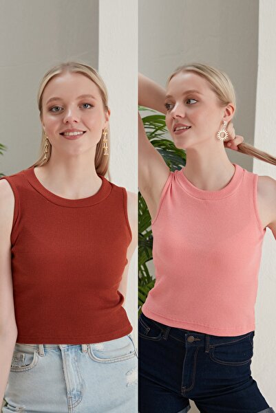 CATSPY Bluză crop din 2 piese pentru femei Brick Powder