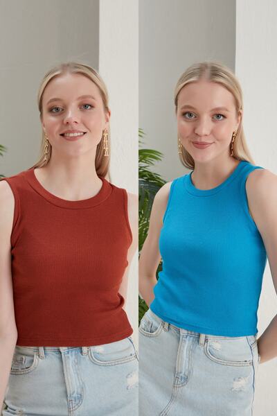 CATSPY Bluză de damă, albastru cărămidă, 2 piese, cu decolteu cu șalț