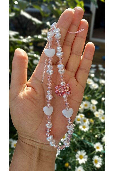 Atolye Ferda Şeffaf Ayı Ve Kalp Figürlü Incili Telefon Charmı Telefon Ipi