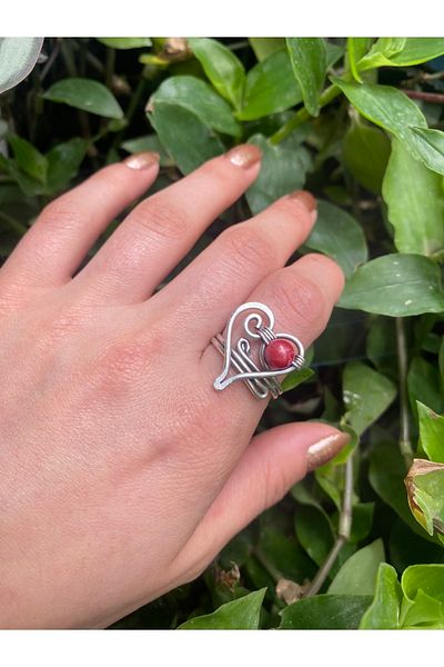 İDE TAKI TASARIMM Heart Model Natural Stone with Coral Stone (TO WINS AND BONES) Authentic Adjustable Ring is Handmade