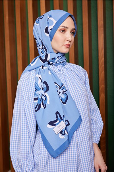 Julia Lauren شال حريري مديني نسائي أزرق زهرة ثلاثية الأبعاد