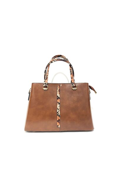 womenacs Tan Color Anaconda Patterned New Season Women's Bag with Plenty of Compartments, Can Be Used in Hands and with Shoulder Strap