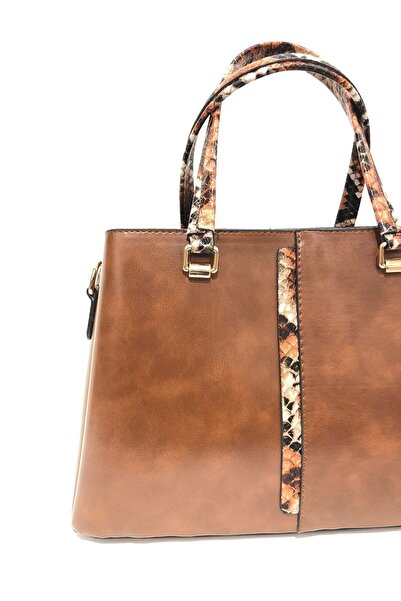 womenacs Tan Color Anaconda Patterned New Season Women's Bag with Plenty of Compartments, Can Be Used in Hands and with Shoulder Strap