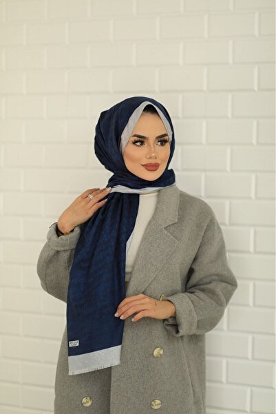 Hint İpek شال بتصميم مونوغرام باللون الأزرق الداكن للنساء 7004-17