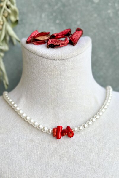 EfsunluTAŞ قلادة من حجر المرجان الطبيعي واللؤلؤ