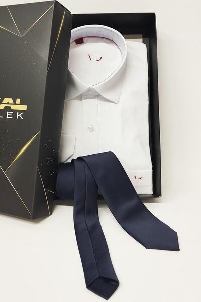 Veli Önkal Gömlek Kravat Seti(HEDİYE KUTULU KLASİK BEYAZ GÖMLEK DÜZ SATEN KRA...