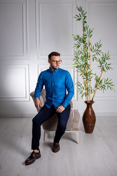 Sarar Cămașă Eleta Slim Fit din in culoare petrol