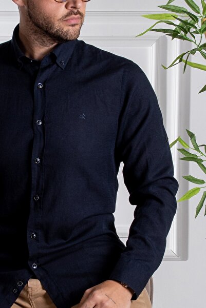 Sarar Eleta Slim Fit Темно-синя лляна сорочка