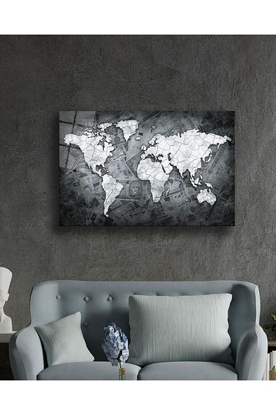 Rosyvien Abstract Detailed Coin Currency World Map Glass Painting, Home and Office Wall Decor, Gift, Tempered Glass